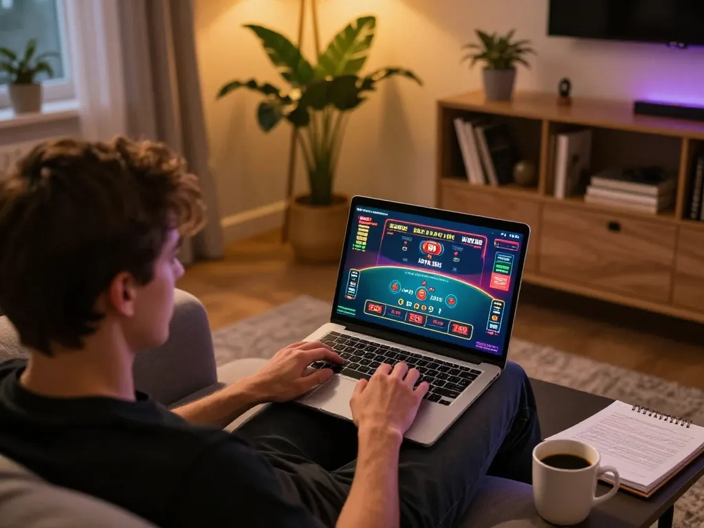 Engaging in online blackjack gameplay at https://www.mnm88.com/ with a laptop in a cozy home setting, emphasizing strategic gaming.