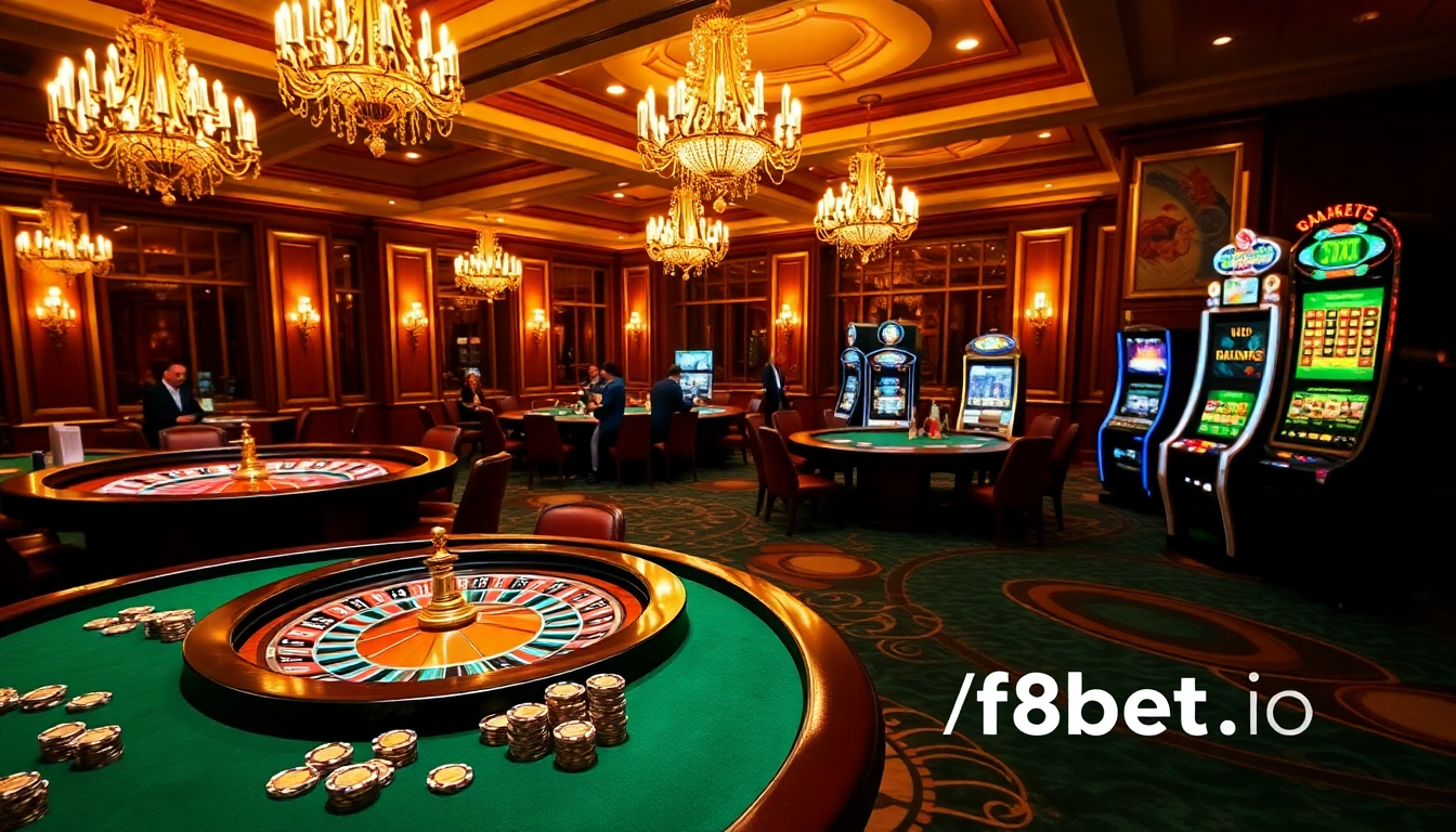 Placing bets at the online casino https://f8bet.io/ with roulette and poker tables bustling with excitement.