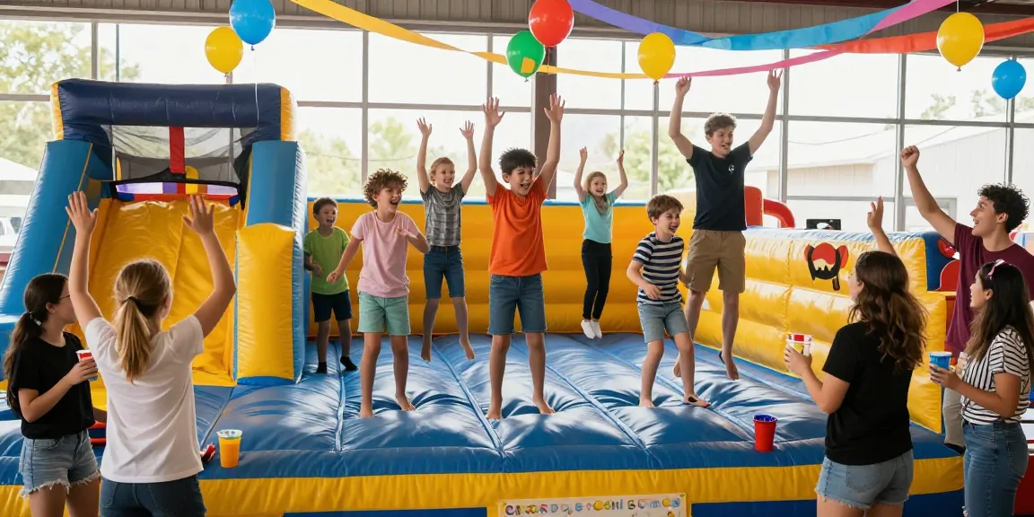Exciting bounce house party at https://123b.party/ with kids jumping joyfully in colorful inflatables.