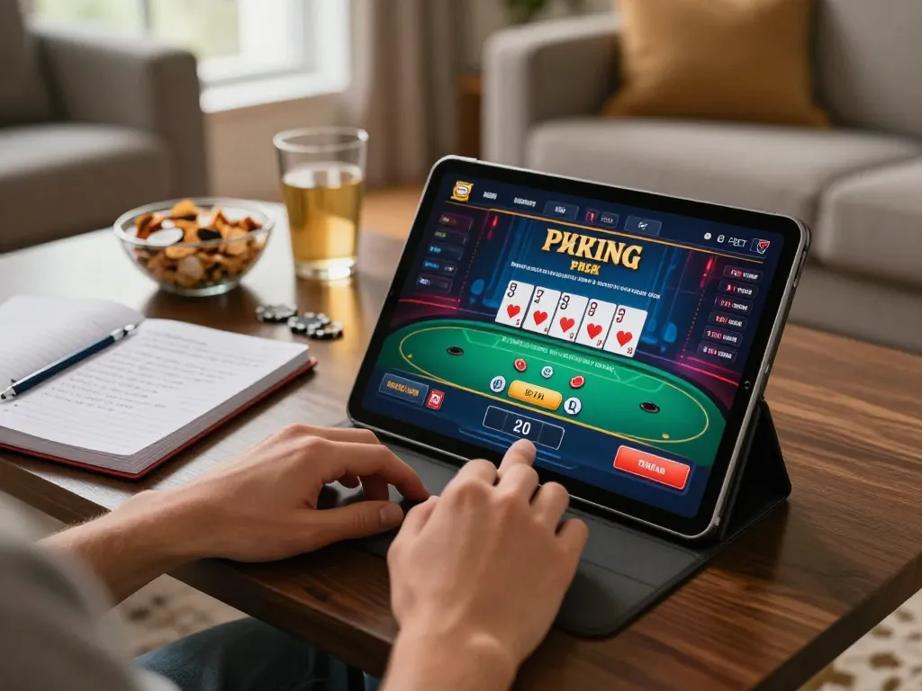 BL555 player engaging in online poker with strategic notes in cozy setting