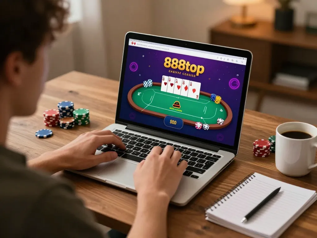 Player enjoying a poker game on the 888top app in a cozy home setting with warm lighting.