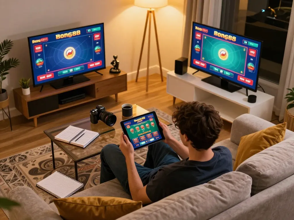 Bong88 user engaging in online betting action from a cozy home setup, capturing the essence of responsible gaming.