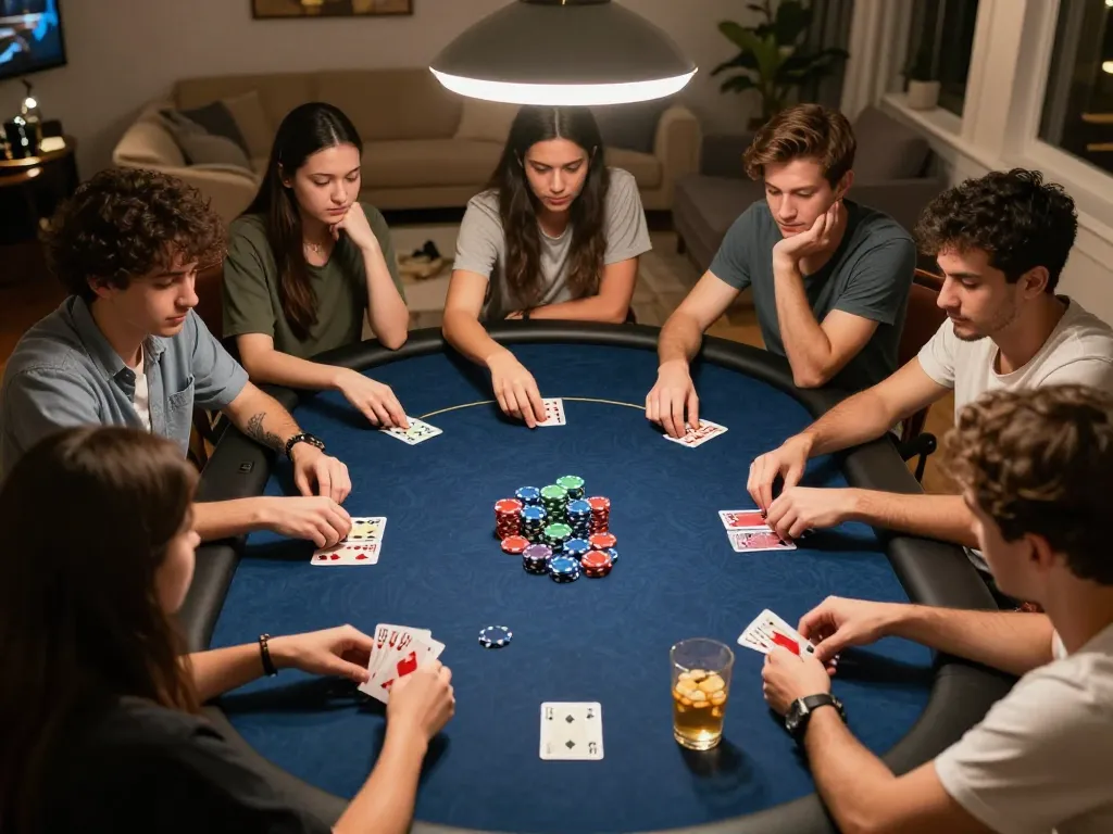 Players enjoying a lively poker game at home, showcasing HB88 gaming strategy in action.