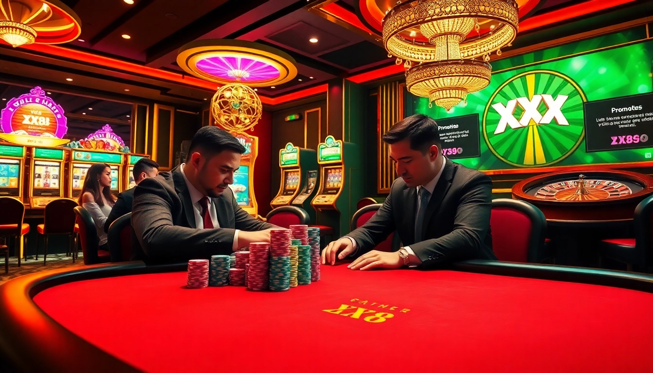 Engaged players at a poker table in a luxurious casino environment showcasing xx88 promotions through vibrant game elements.