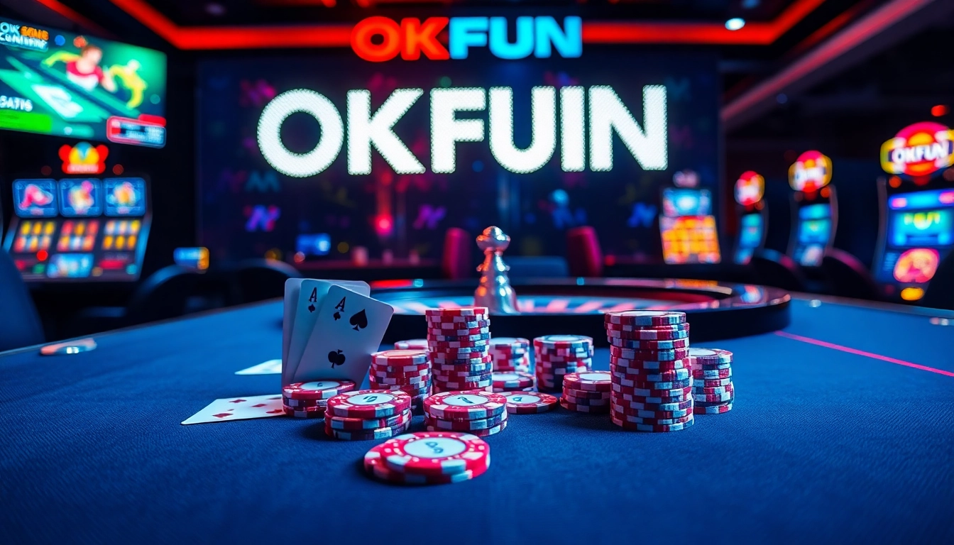 Placing bets at OKFUN's thrilling casino setup with vibrant tables and cards.