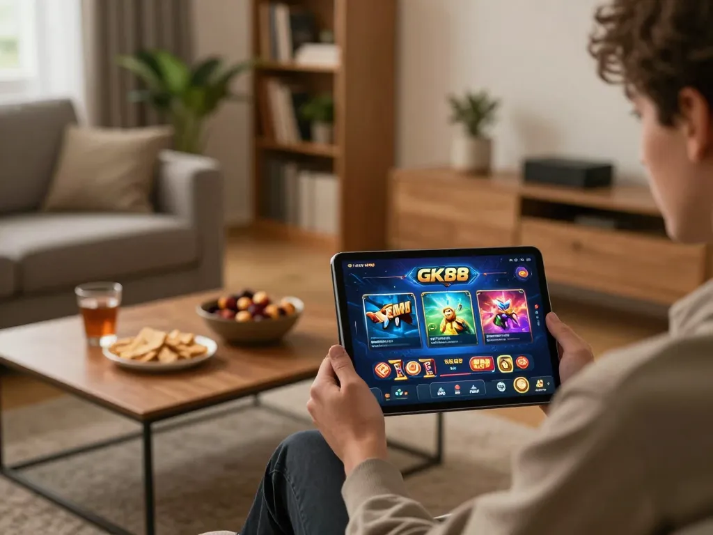 Gamble with GK88 on a cozy home gaming setup, engaging with an online casino tablet