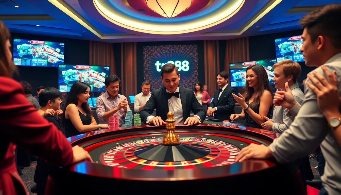 Players winning at a roulette table in a luxurious casino ambiance featuring tr88 branding.
