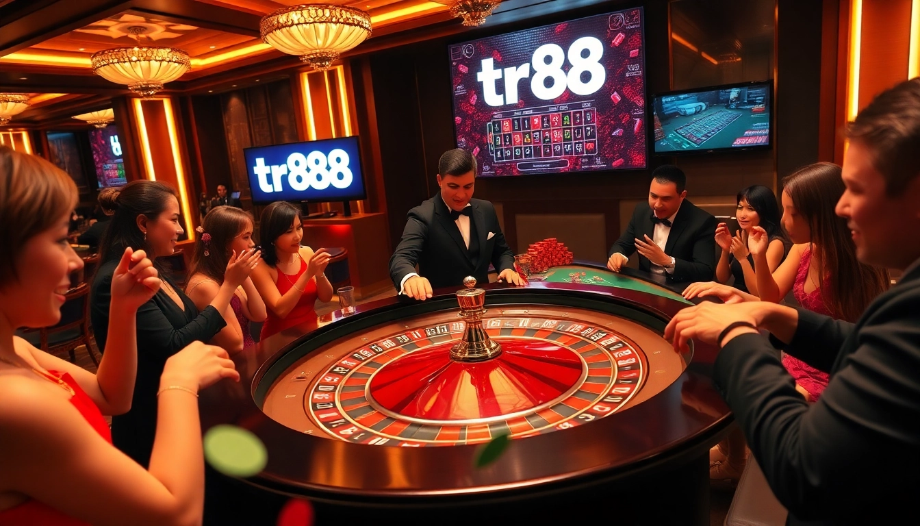 Players enjoying a thrilling roulette game at a luxury casino while betting on tr88.