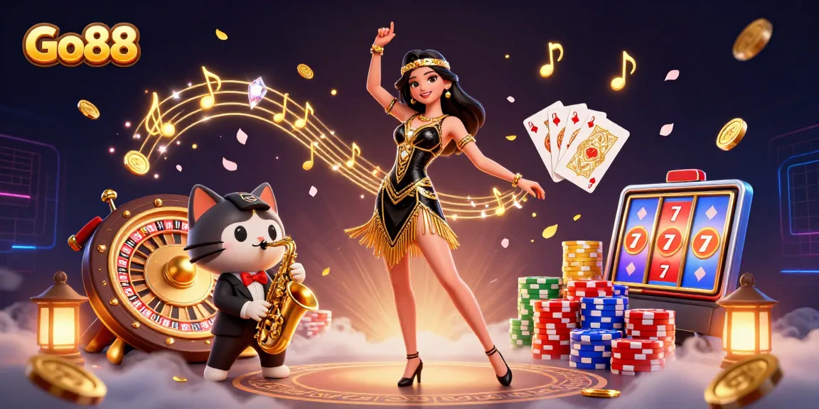 Experience thrilling wins at Go88 with vibrant casino games and exciting characters in a dynamic 3D scene.