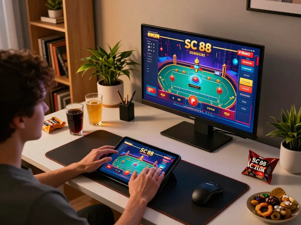 Player engaging in SC 88 online casino gaming on tablet, showcasing a dynamic gambling setup