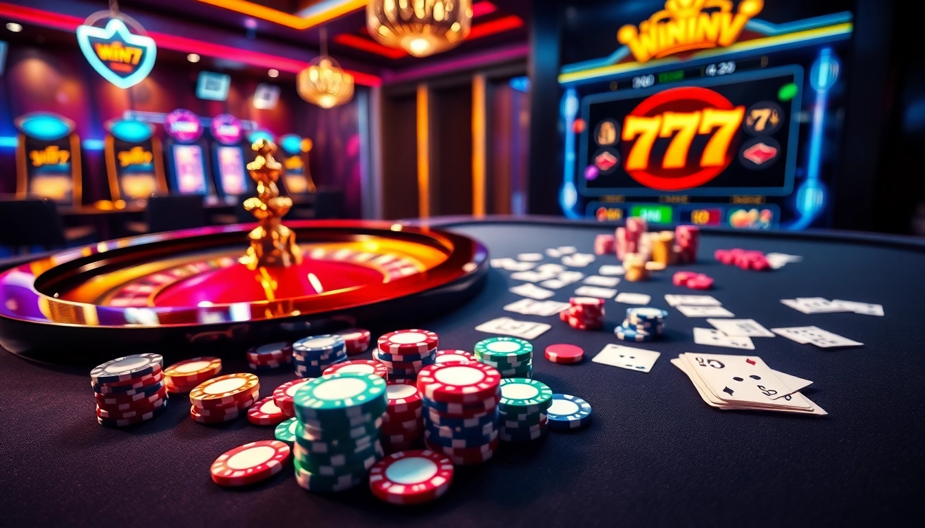 Win79 offers a glamorous casino experience with vibrant chips and cards on the table.