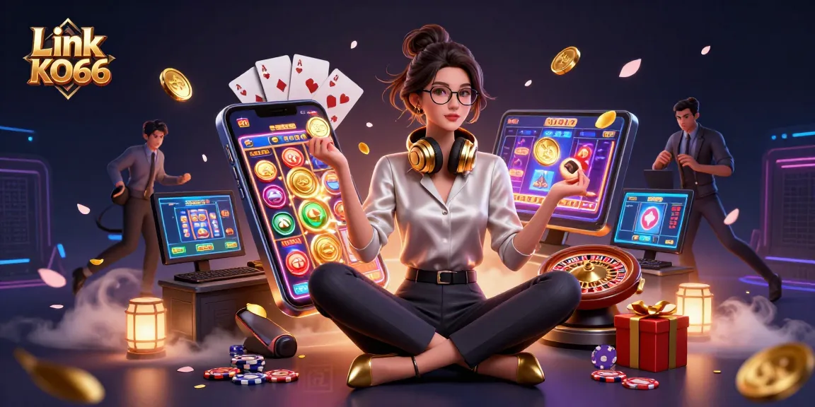 Experience the thrill of Link KO66 with vibrant casino elements and a stylish professional gamer ready to play.