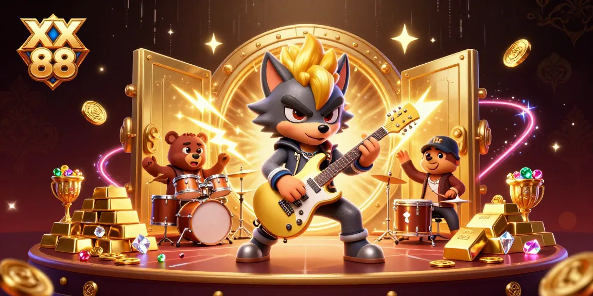 Experience the thrill of XX 88 with a dynamic casino scene featuring a rock star wolf and drummer bear.