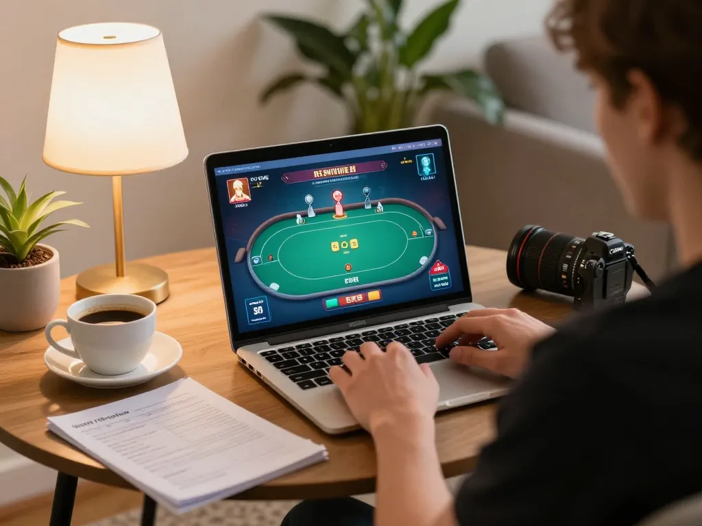 Engaging in a pivotal poker game on 789WIN at home, showcasing strategy notes and a cozy setting.