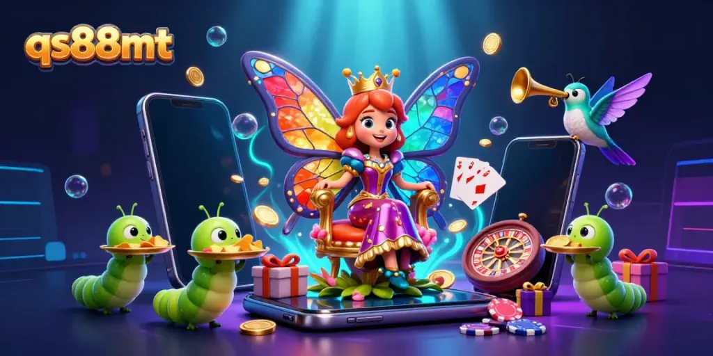 Experience vibrant gaming adventures at qs88mt with a magical butterfly queen amidst casino elements.