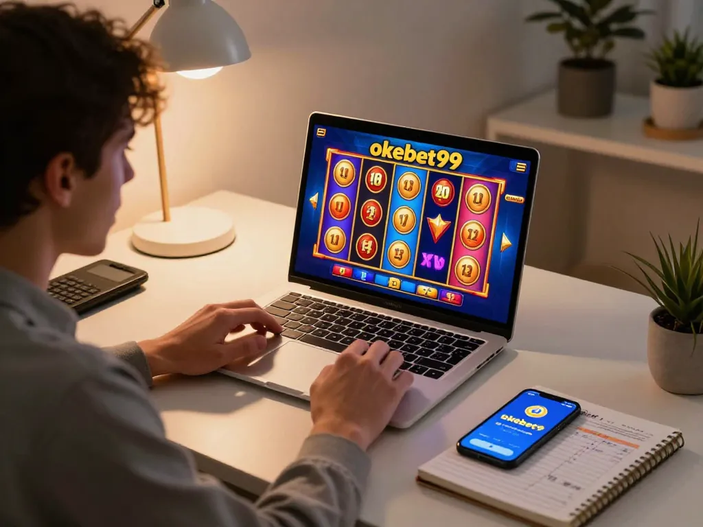 Berinteraksi dengan permainan slot okebet99 di laptop dalam pengaturan rumah modern yang nyaman.