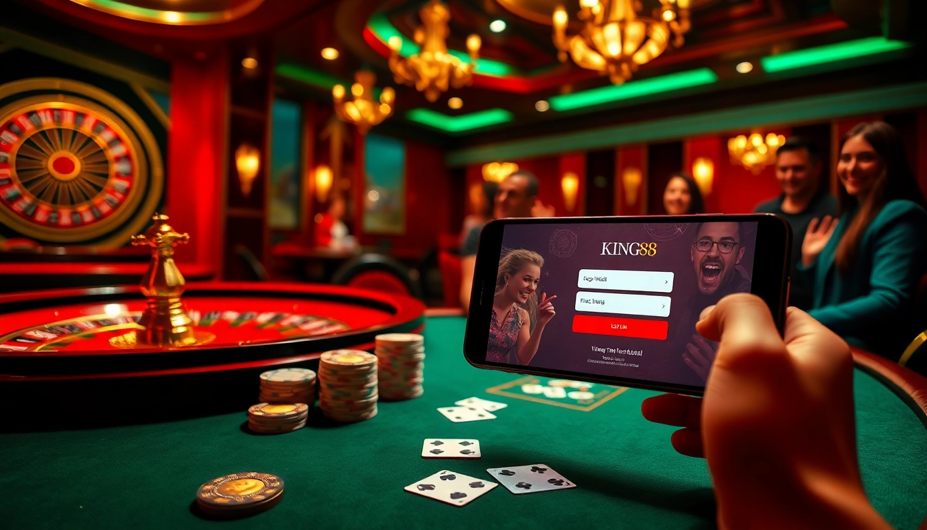 Engaging login scene for Đăng nhập King88 showcasing exciting casino elements like roulette and poker chips.
