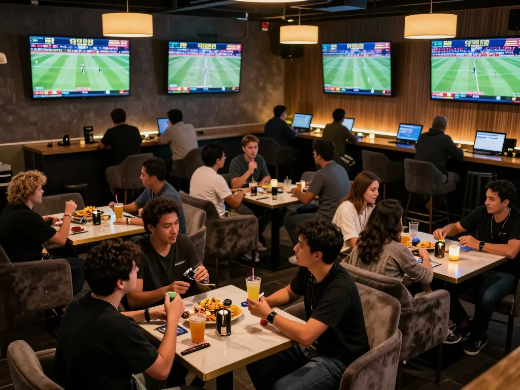 Betting enthusiasts engaging with sports action at 999bet's upscale lounge
