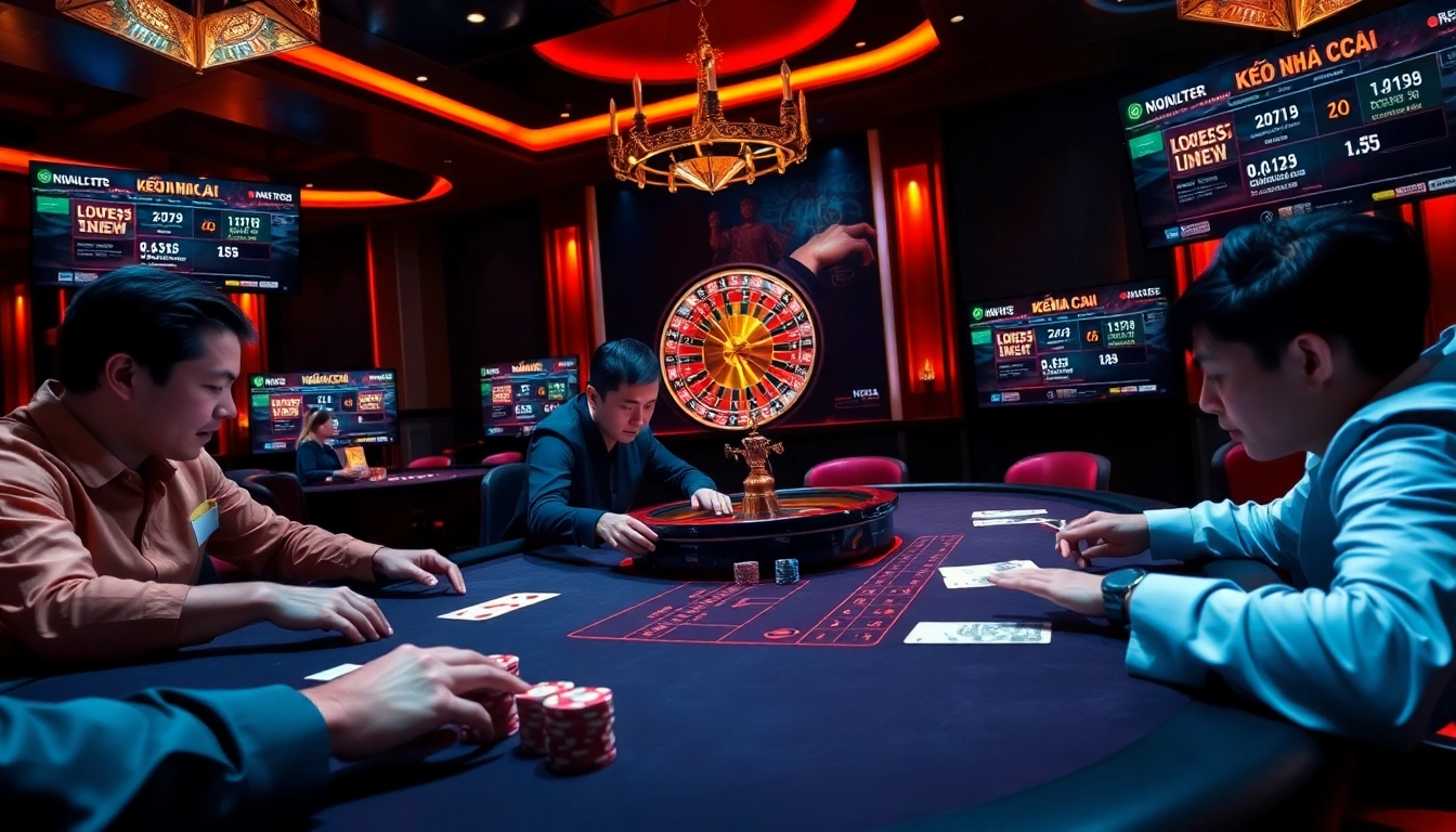 Kèo nhà cái displayed on a vibrant casino betting table with gamblers focused on cards and chips.