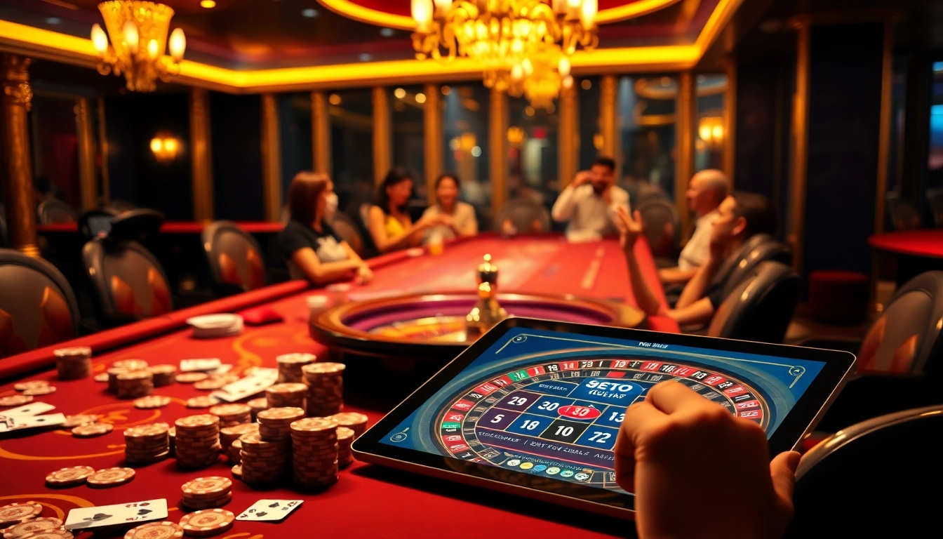 Players enjoying games at Nhà cái v7sb casino with vibrant chips and roulette.