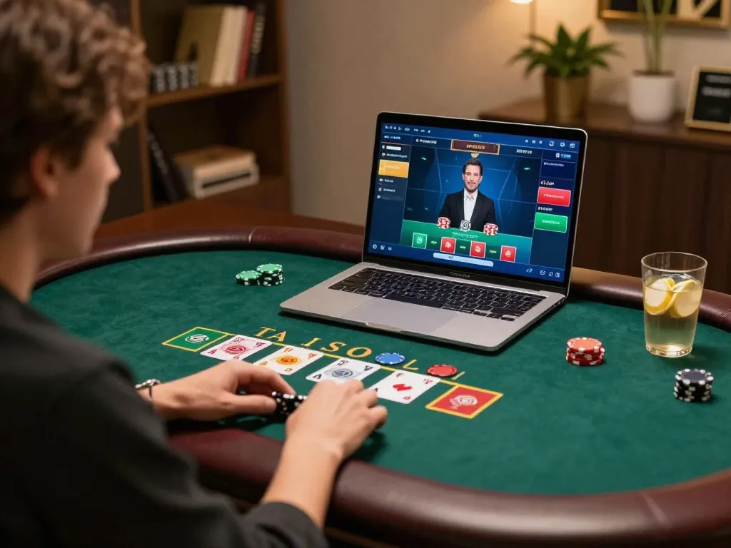 Engaging in live dealer blackjack at home using vb88 gaming setup, showcasing strategic gameplay and comfortable atmosphere
