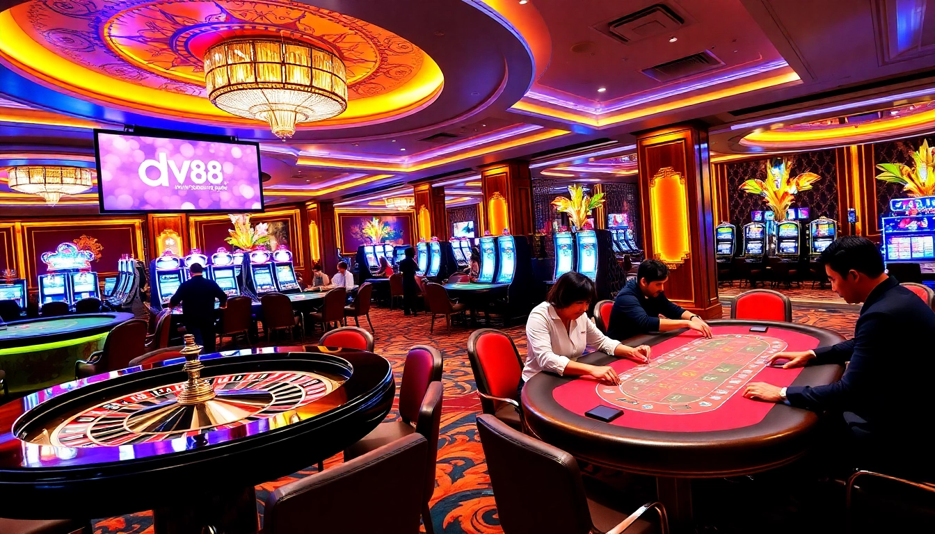 Players enjoying high-stakes games at https://dv88.design/ casino, featuring vibrant tables and thrilling atmosphere.