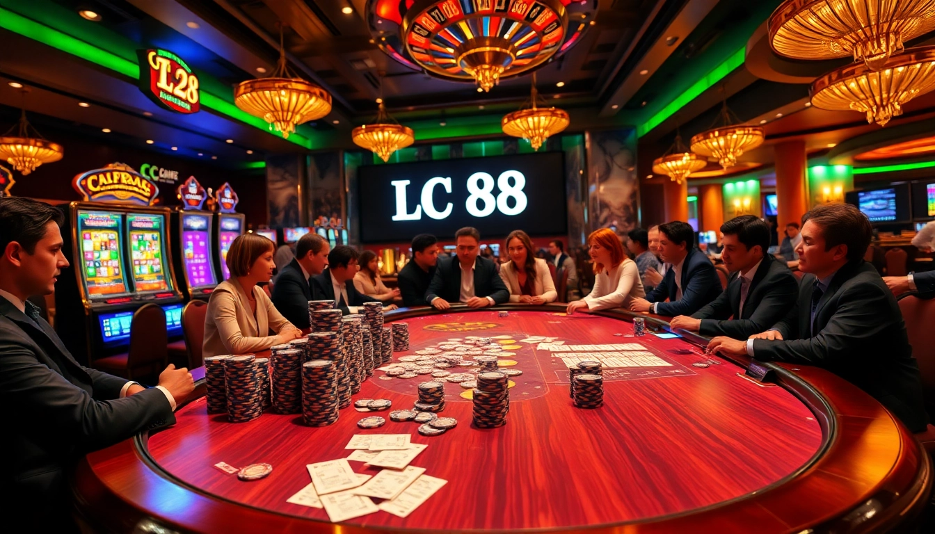 Experience thrilling gameplay at LC 88's upscale casino, featuring poker tables and vibrant slot machines.