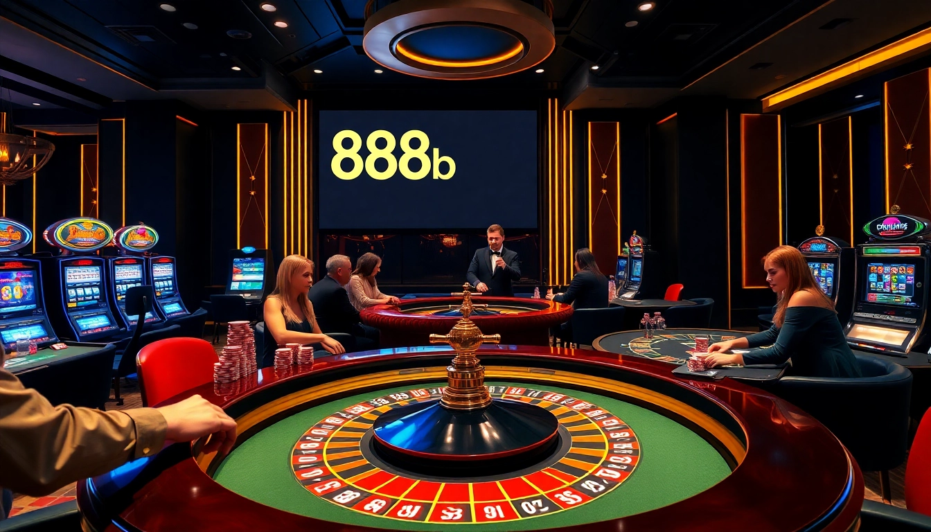 Exciting casino atmosphere featuring the 888b logo on a roulette table and dynamic players.