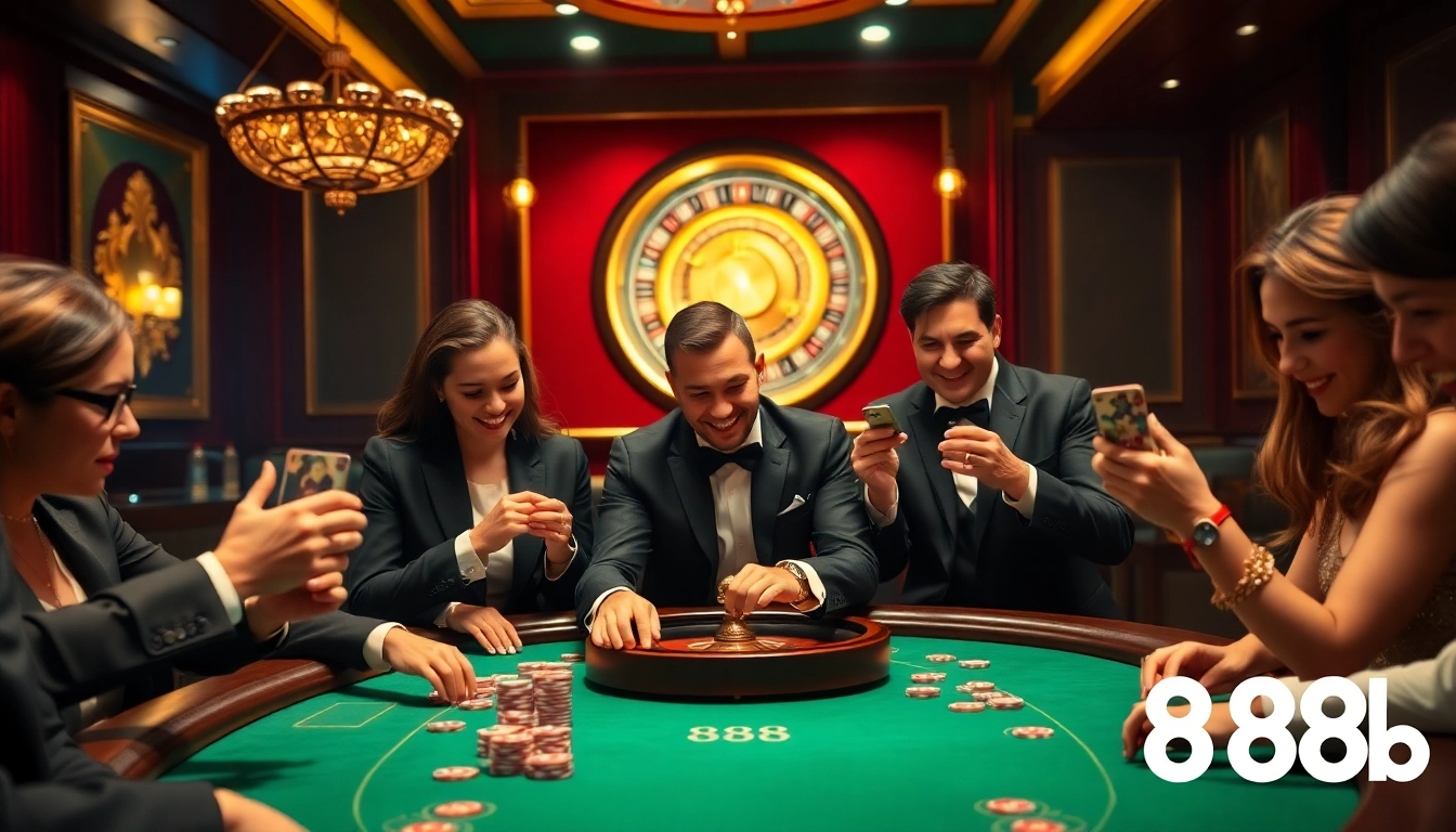 Players enjoying a poker game at a luxurious casino table, highlighting the excitement of 888b.
