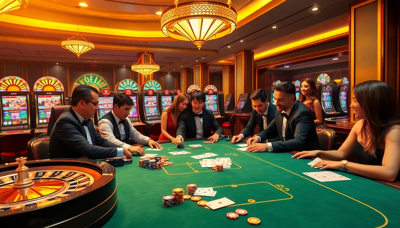 Players enjoying a high-stakes game at https://mm88.moe/ casino, featuring vibrant slots and a winning atmosphere.