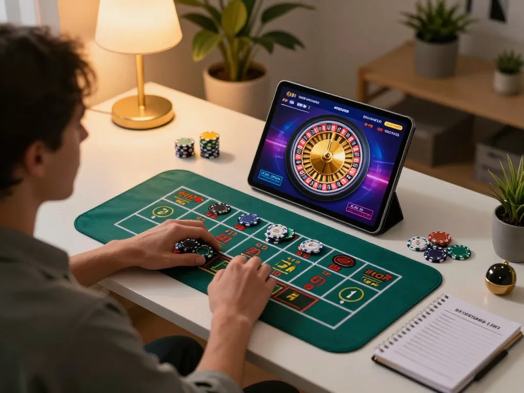 Engaging in online gaming with danhlodeonline on a tablet, showing roulette wheel gameplay in a cozy home office.