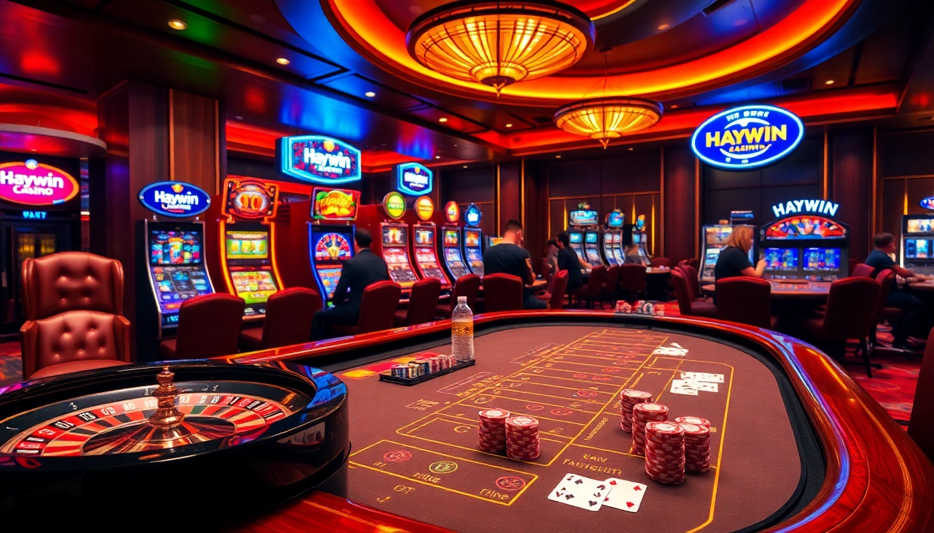 Experience excitement at Haywin's casino table with chips, cards, and roulette.
