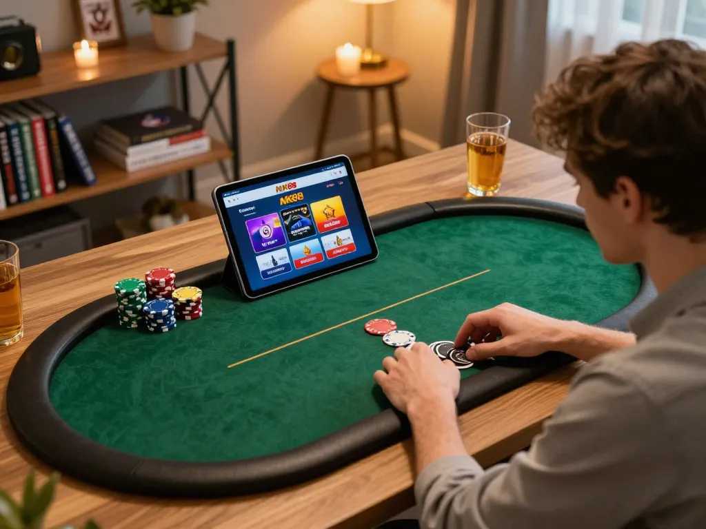 Playing NK88 online poker in a cozy home setup with chips and gaming app visible.