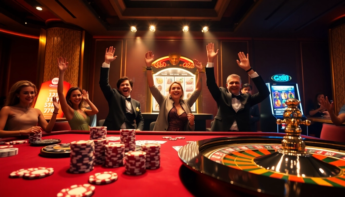 Players celebrate a win at go88, surrounded by luxe casino tables, poker chips, and slot machines.