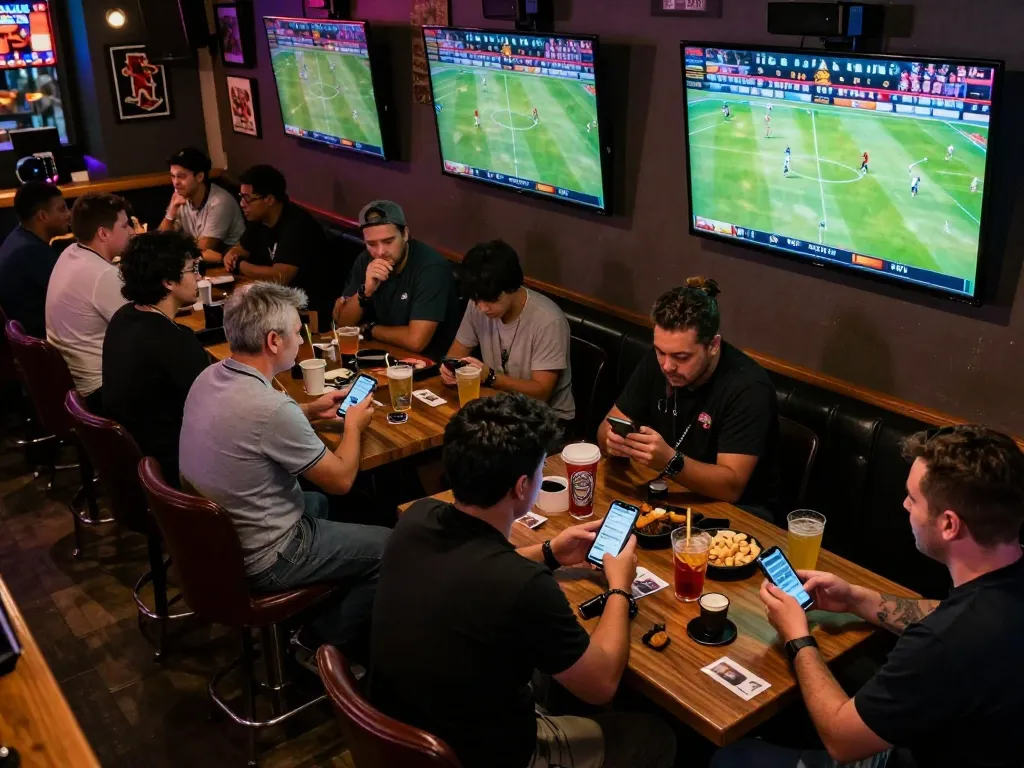 Patrons engaging in sports betting at a lively bar while using https://9bet9.in.net for betting strategies.