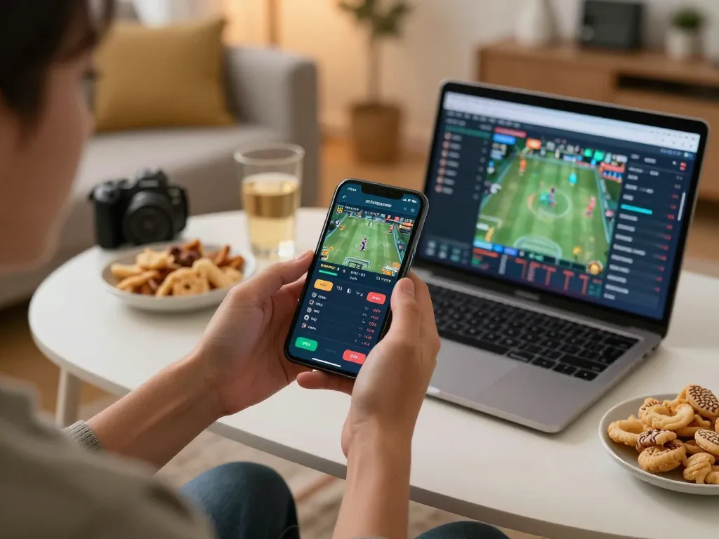 Placing bets on daftar sungaitoto with smartphone, enjoying online sports betting at home, casual atmosphere, engaging entertainment