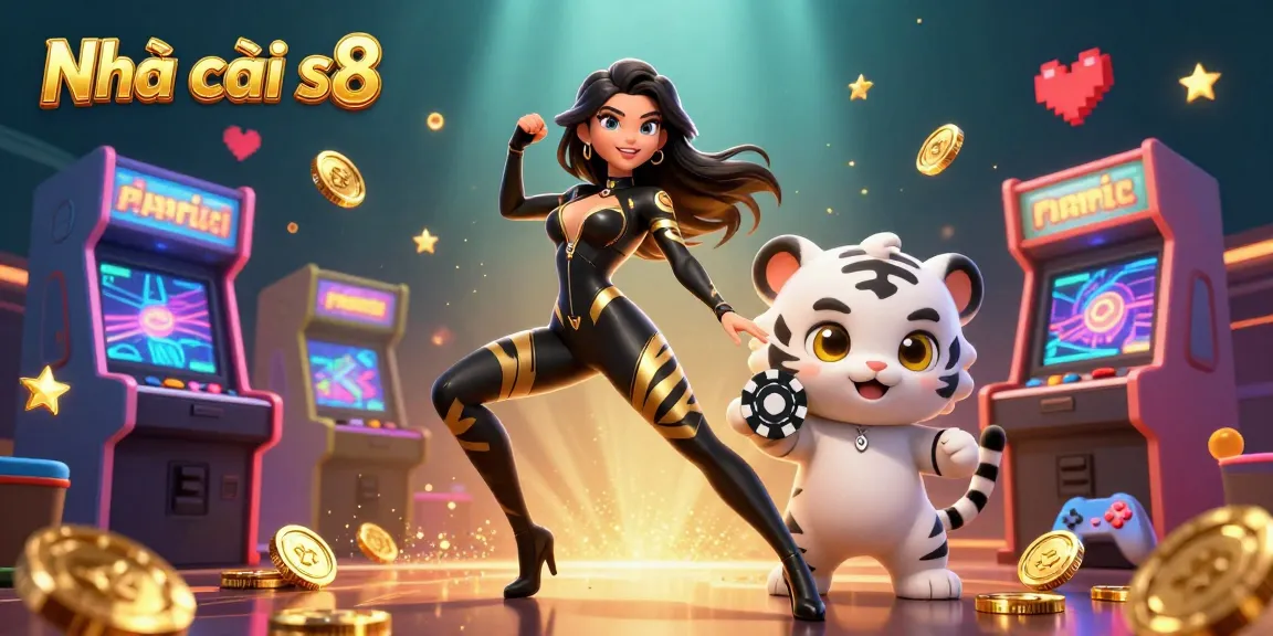 Nhà cái s8 showcases an exciting illustration with a woman and white tiger amidst vibrant casino elements.