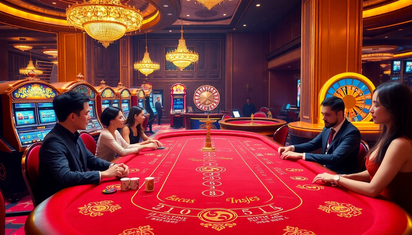 Players enjoying a thrilling baccarat game at https://www.sclub88.bet/, surrounded by luxury and excitement.