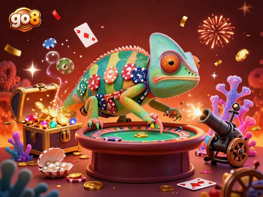 Experience thrilling gaming action with go8 as a chameleon casino owner watches.