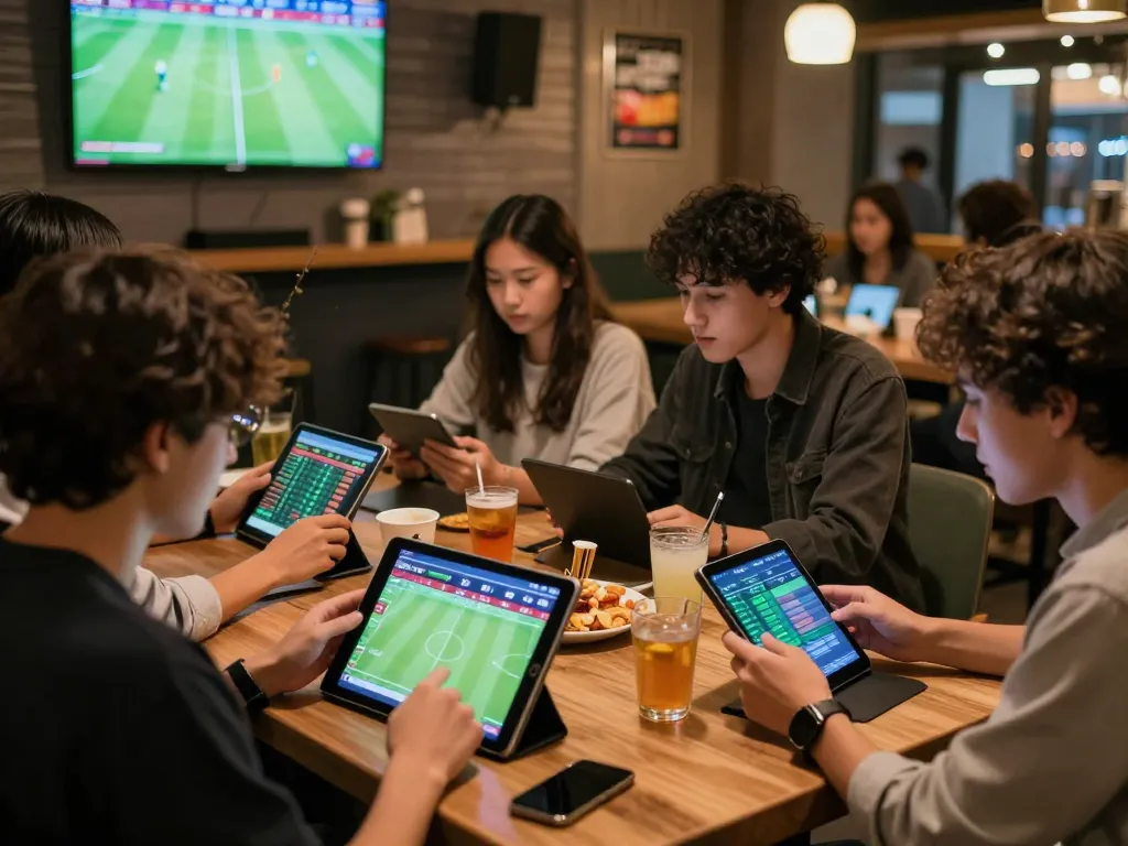 Cá độ bóng đá enthusiasts engaged in online betting in a lively cafe environment.