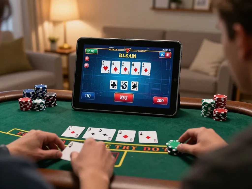 13WIN player strategizing during live dealer blackjack game on tablet in a cozy home.