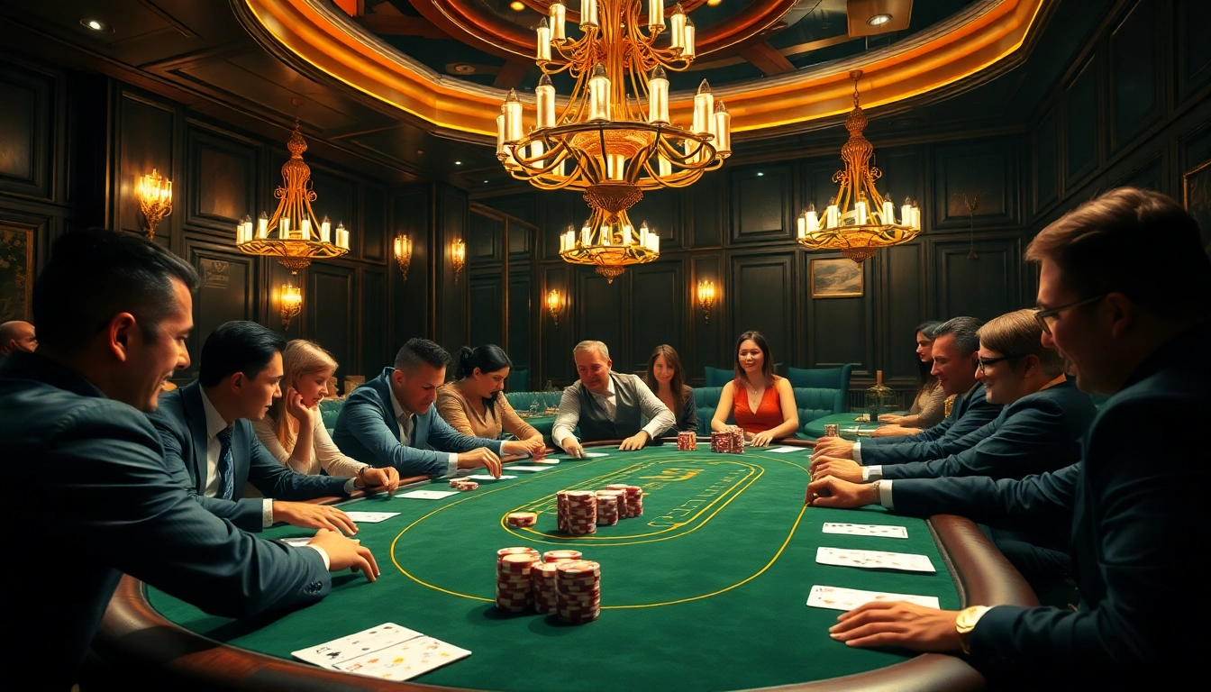 Experience thrilling poker action at FABET's casino table featuring engaged players and vibrant chips.
