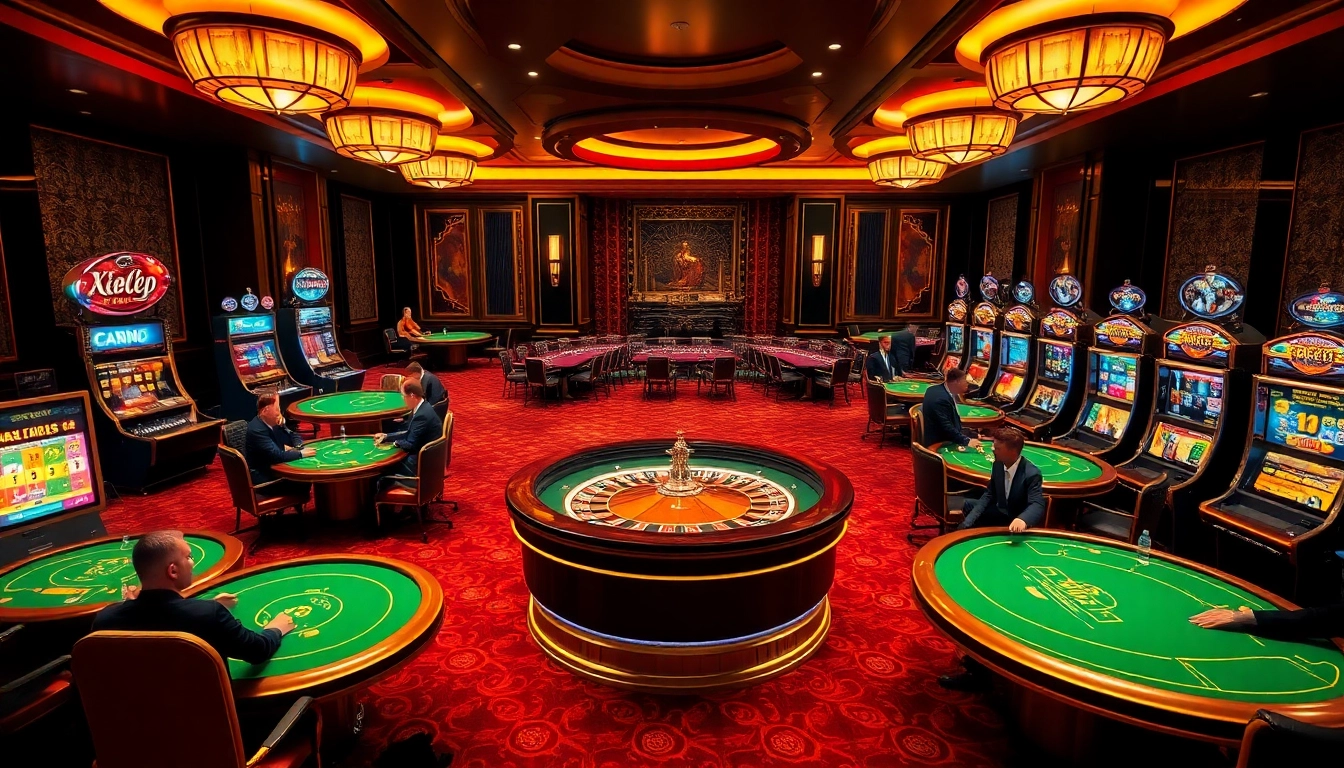 Exciting casino game action at https://zk88.club/ with roulette, poker, and flashing slot machines.