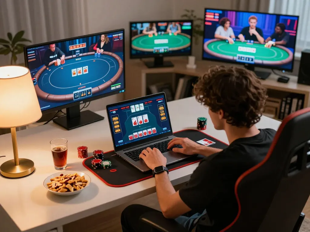 Player strategizing at home while engaged in online poker gaming on https://tx88at.com/ with immersive gameplay atmosphere.