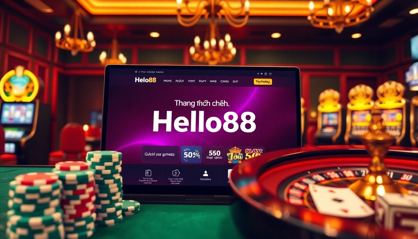Experience the excitement at Trang chủ Hello88 with vibrant casino elements like poker chips and roulette wheels.
