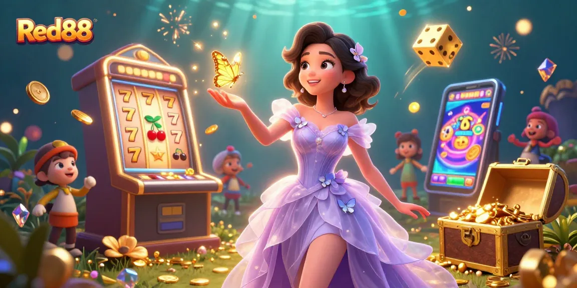 Experience the excitement of Red88 with a vibrant 3D jackpot scene, showcasing slots and winning elements.