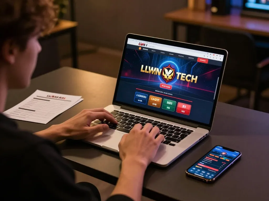 Engaging in online casino gameplay with LLWIN TECH on laptop, showcasing strategic betting materials.