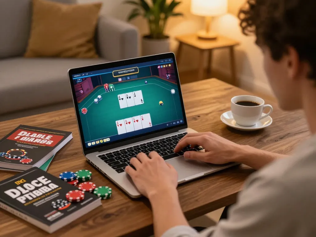 Player strategizing in a poker game on dewagg platform, focused expression with chips and cards visible.