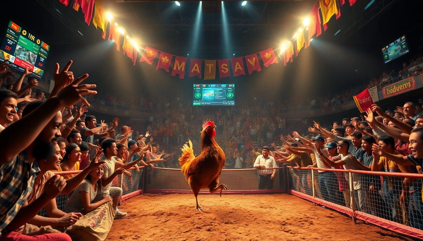 Live betting atmosphere at dagawin.live featuring energetic chicken fighting event with cheering crowd.