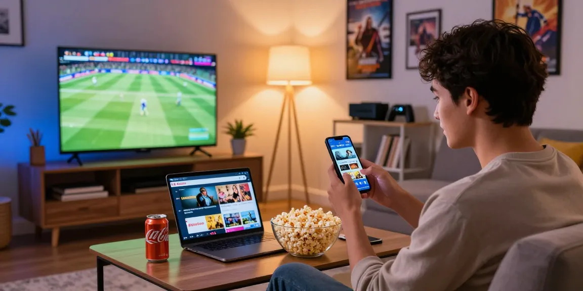 Pikashow APK download on a smartphone in a cozy living room with a laptop and snacks